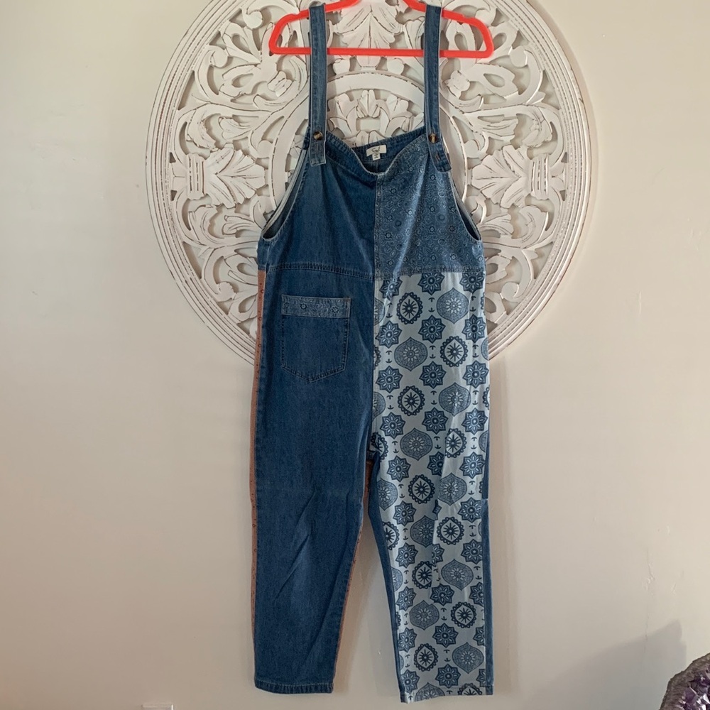Three Bird Nest Easel Denim Patchwork Overalls